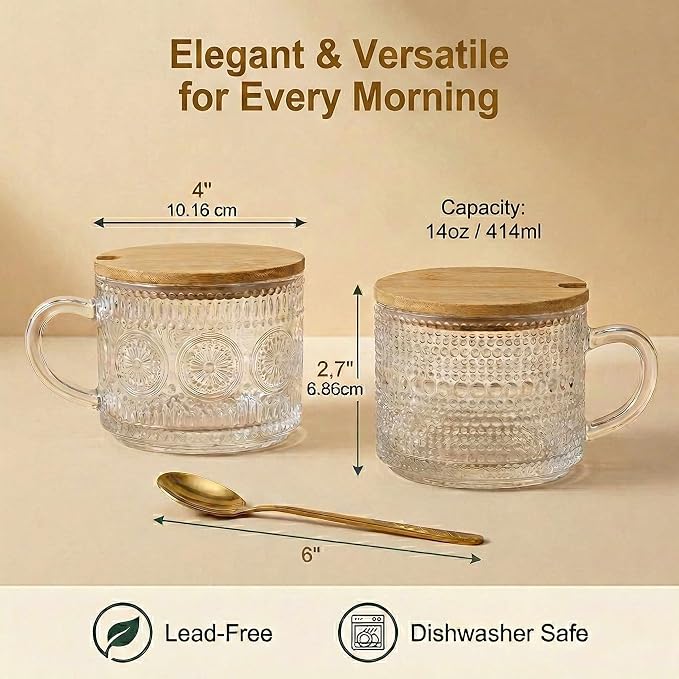 JBHO Vintage Glass 14OZ Coffee Mugs 4pcs Clear Embossed Glass Cups - Image 3