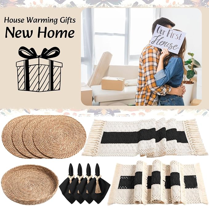 4 Sets Boho Decoration Placemats Round Woven Placemats, Cloth Napkins, Wood - Image 6