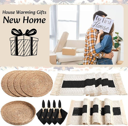 4 Sets Boho Decoration Placemats Round Woven Placemats, Cloth Napkins, Wood - Image 6