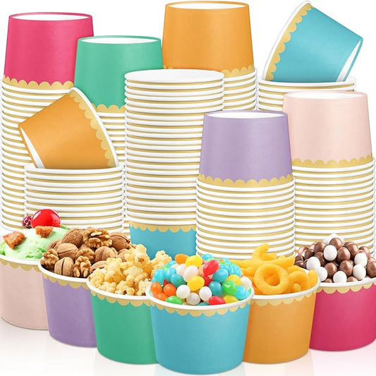 Zopeal 96 Pcs Colorful Disposable Ice Cream Bowls 9oz Candy Gradient Color Paper Snack Cups with Gold Scallop for Parties, Weddings, Baby Showers, Desserts, Yogurt, and Salads