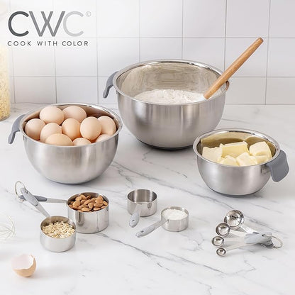 COOK WITH COLOR Stainless Steel Mixing Bowls Set and Measuring Cups - Nesting Bowls with Non-Slip Bottom and Easy-Grip Handles, Grey, 11 Pieces