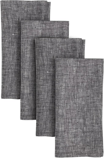 Solino Home Linen Cloth Napkins Set of 4-100% Pure Linen Chambray Black Dinner Napkins 20 x 20 Inch for Winter - Athena, Handcrafted and Machine Washable