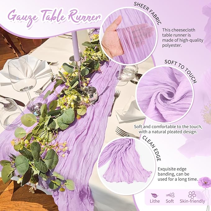 Showgeous 18 Pack Lilac Purple Cheesecloth Table Runner, 17 x 108 Inches | Boho - Image 3