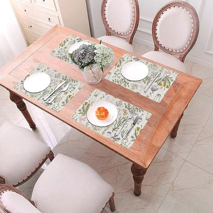 Placemats Set of 6 Vintage Wildflower Herbs Floral Rustic Butterfly Place Mats Floral Woven Table Mats Washable PVC Placemat for Dining Kitchen Decor Indoor Outdoor, 12 x 18 Inch