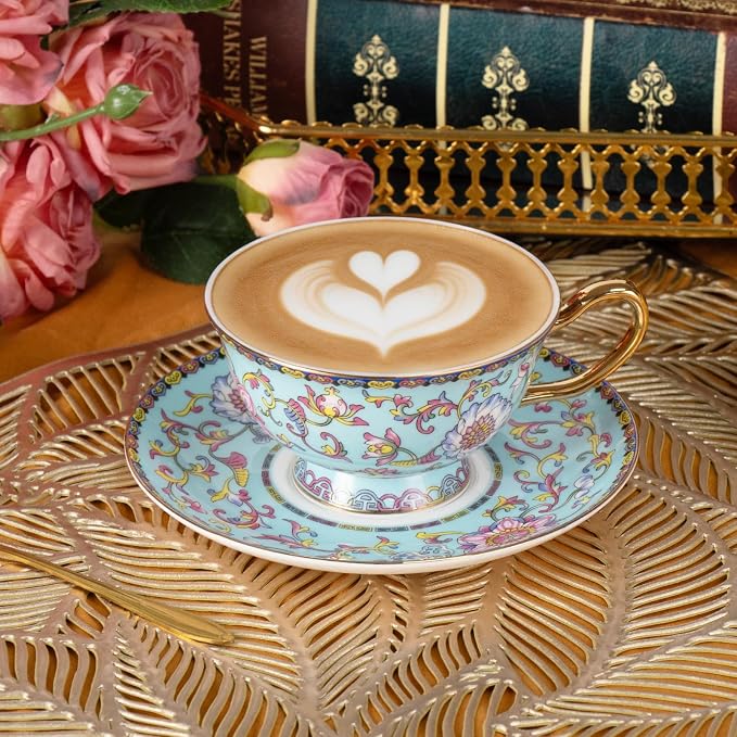 KAMMAK Tea Cups and Saucers Set of 2, Porcelain Coffee Cups, JBE021 | Stackable - Image 3