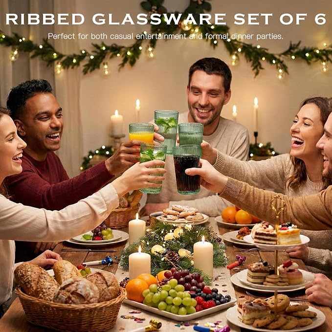 Green Ribbed Highball Glasses Set of 6, 13.2oz Sage Green Colored Glassware - Image 7