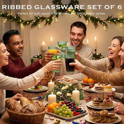 Green Ribbed Highball Glasses Set of 6, 13.2oz Sage Green Colored Glassware - Image 7