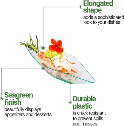 Restaurantware 1 Ounce Dipping Sauce Bowls 100 Disposable Dipping Sauce Dishes - Canoe Shaped Unique Design Seagreen Plastic Small Dishes For Dips Appetizers Desserts Or Samples