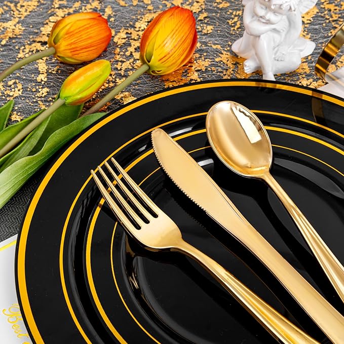bUCLA 150 Pieces Black and Gold Disposable Dinnerware Set - Image 5