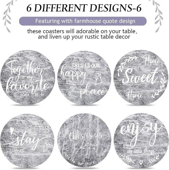 Queekay Coasters Set of 6 House Warming Gifts New Home Wooden Farmhouse Drink - Image 4