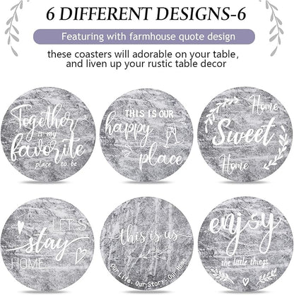 Queekay Coasters Set of 6 House Warming Gifts New Home Wooden Farmhouse Drink - Image 4