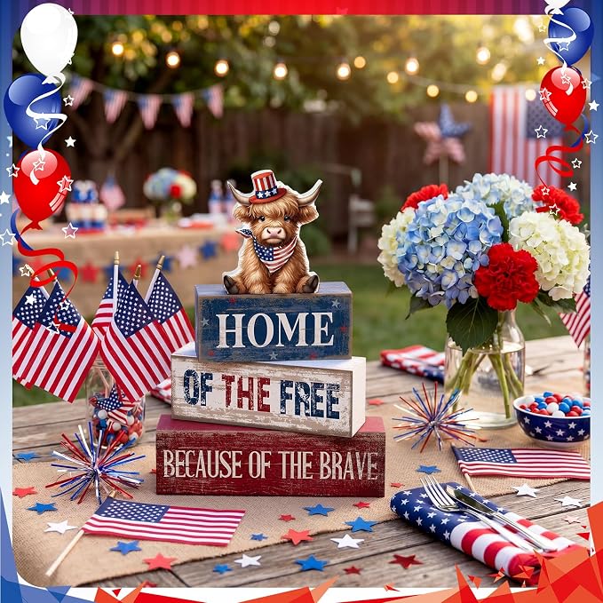 Moucuny 4 Pcs 4th of July Decorations Patriotic Highland Cow Wooden Block Sign - Image 7
