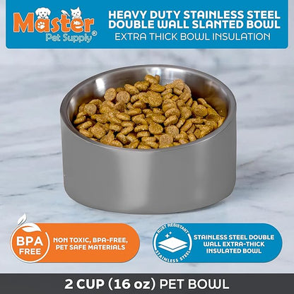 Master Pet Supply Stainless Steel Slanted Dog Cat Food Bowl - 16 oz Heavy Duty - Graphite, Double Wall Insulated, Non-Slip Elevated Bowl for French Bulldogs Pugs Cats, Anti Rust Dishwasher Safe