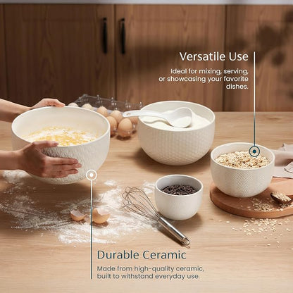 KooK Ceramic Mixing Bowls, Nesting Set of 4, Embossed Kitchen Dishware - Image 3