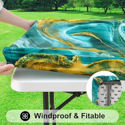 Smiry Rectangle Table Cloth Cover, Waterproof Elastic Fitted Picnic Tablecloth for 4 Foot Tables, Wipeable Flannel Backed Vinyl Tablecloths for Camping, Dining, Outdoor (Teal & Gold, 30" x 48")