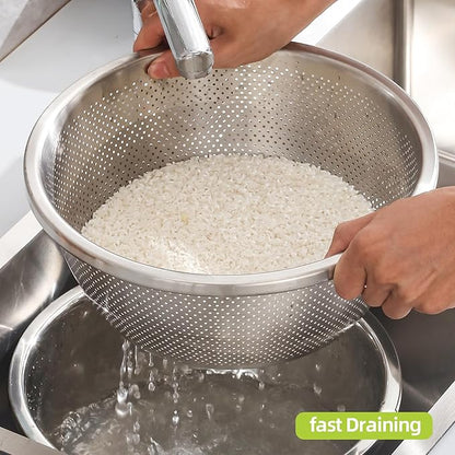 Colander Stainless Steel 304 with Mixing Bowls, 5QT Large Capability Strainers and Colanders for Kitchen, Pasta Strainer for Washing Vegetables, Fruit and Rice, Dishwasher Safe(2PCS)