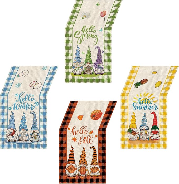 4 Pcs Cute Gnomes Buffalo Plaid Table Runner 72 Inches Long, Hello Spring Hello by YOVOYOA
