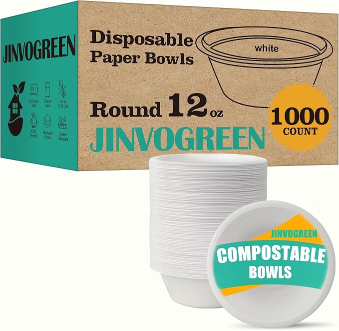 JINVOGREEN 1000 Count 12 oz Paper Bowls, Disposable Compostable Bowls Bulk by JINVOGREEN