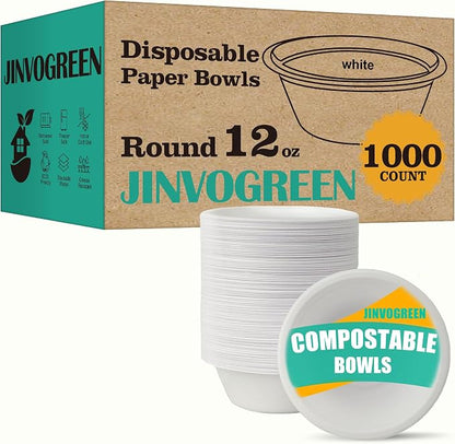 JINVOGREEN 1000 Count 12 oz Paper Bowls, Disposable Compostable Bowls Bulk by JINVOGREEN