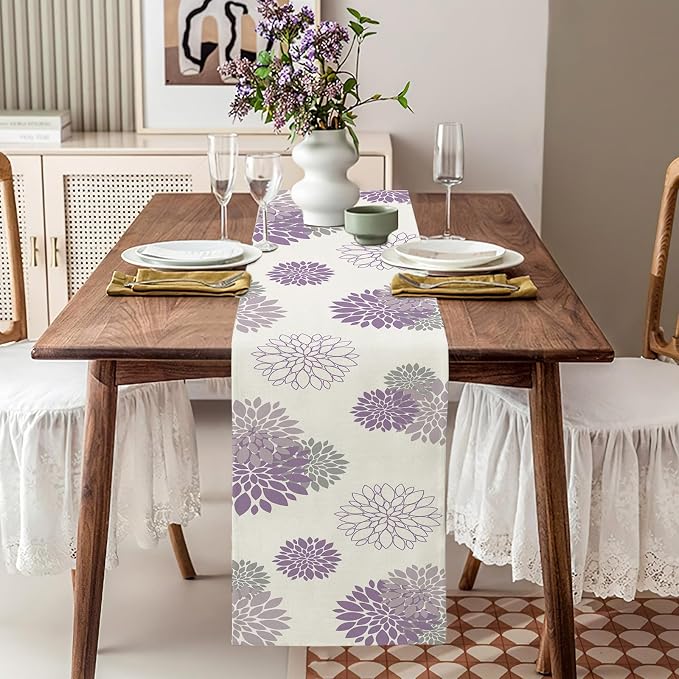 Purple Dahlia Table Runner Modern Elegant Flower Beige Table Runners Geometric - Image 4