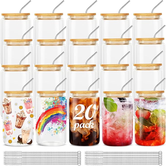 ASKIZ 20Pcs Glass Cups With Bamboo Lids and Straws, 16Oz Ice Coffee Cup by ASKIZ