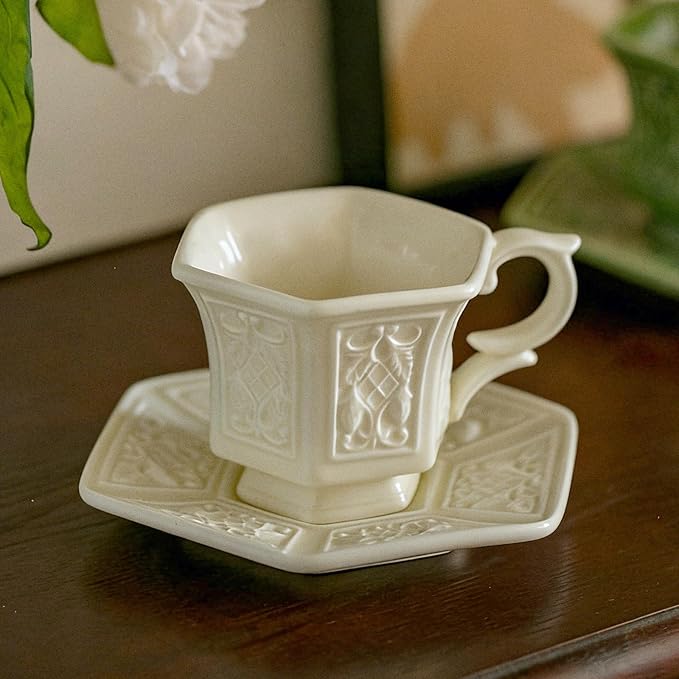 KAMMAK Tea Cups and Saucers Set of 2, 6 oz Porcelain Coffee Cups, SY003 | - Image 3