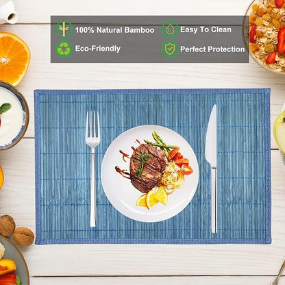 ANDSTAR Bamboo Placemats Set of 8 Non-Slip Waterproof - 12x18 Inch Reusable Table Mats for Kitchen Dining, Eco-Friendly Thick Heat Resistant Dishwasher Safe Home Decor (Blue)