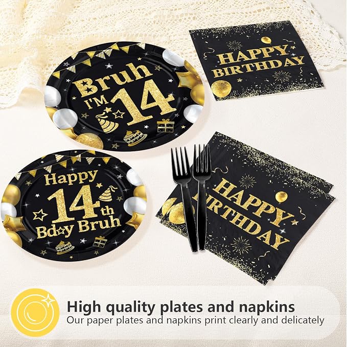 96 Pcs Bruh 14th Birthday Party Black Gold Decorations, Serves 24 | Black Gold - Image 4