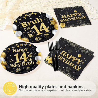 96 Pcs Bruh 14th Birthday Party Black Gold Decorations, Serves 24 | Black Gold - Image 4