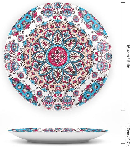 XISUNYA 7 Inch Decorative Plate, Boho Tableware Plate, Henna Style Floral Circles Paisley Retro Kaleidoscope Print Ceramic Wall Hanging for Home Office Party Dinner Table Decor