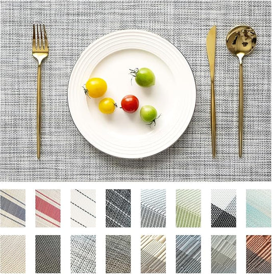 Placemats Set of 6 Vinyl/Plastic Woven Place Mats for Kitchen Table Indoor/Outdoor Washable Placemat Wipeable Dining Table Mats (Grey,6)