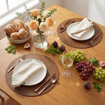 Artoid Mode Brown Faux Leather Placemats Set of 4, 15 Inch Waterproof Wipeable Heat Resistant Vinyl Place Mats, Reversible Table Mats for Kitchen Dining Decor
