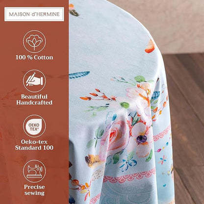 Maison d' Hermine Table Cloth Round Table 100% Cotton 63 Round Inches Tablecloth Reusable Decorative for Dining Room Farmhouse Home Valentines Day Decorations Spring Summer - Ibiza - Blue