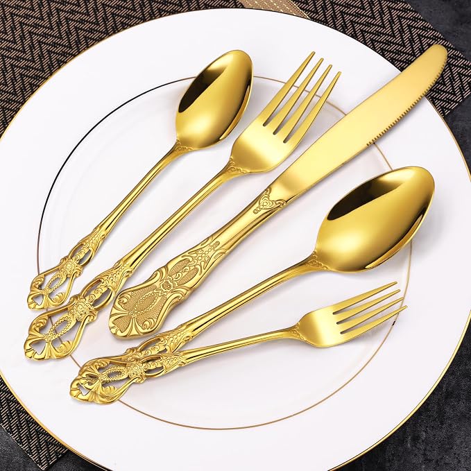20 Pieces Gold Gorgeous Retro Silverware Set - Image 6