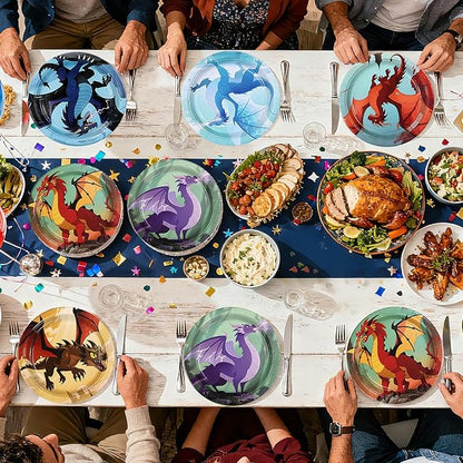 60Pcs Dragon Party Supplies 9” Fire Dragon Party Plates Disposable Dragons Theme Paper Plates Dessert Tableware Set for Kids Boys Fantasy Birthday Supplies Serves 24