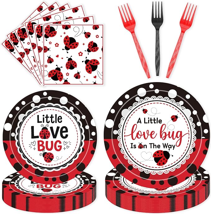 96 Pcs Love Bug Baby Shower Decorations, Lady Bug Tableware Set | Includes by EoBeCy
