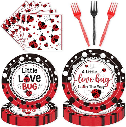 96 Pcs Love Bug Baby Shower Decorations, Lady Bug Tableware Set | Includes by EoBeCy