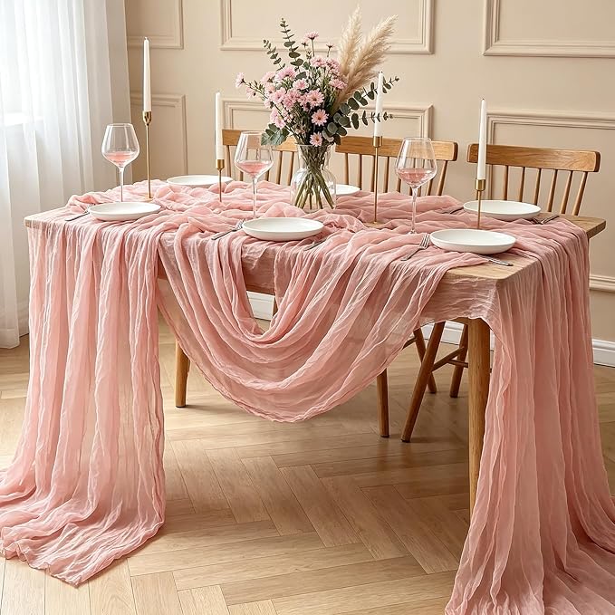 3Pcs Pink Cheesecloth Table Runner, 10FT Dusty Pink Boho Gauze Table Runner - Image 7