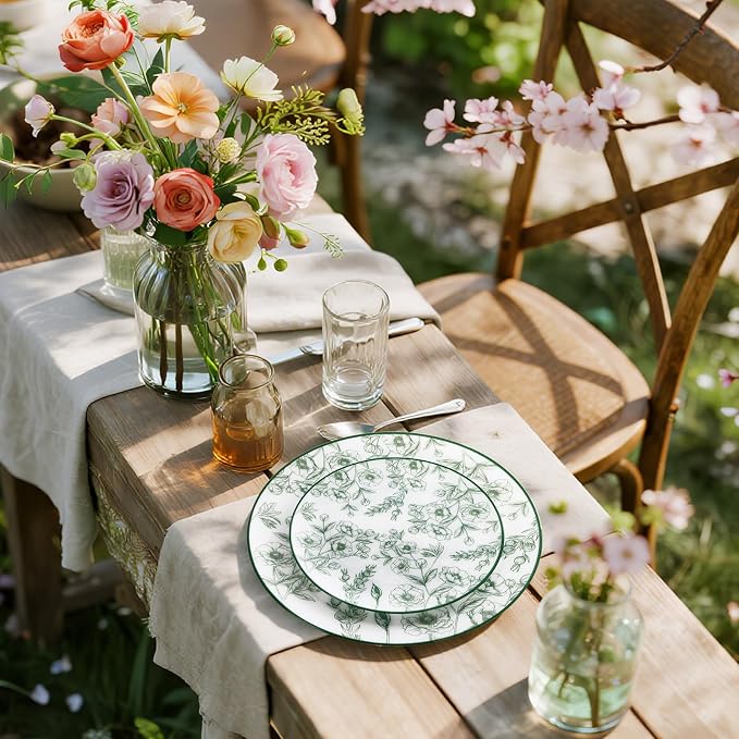 60PCS Green Floral Plastic Plates - Image 5