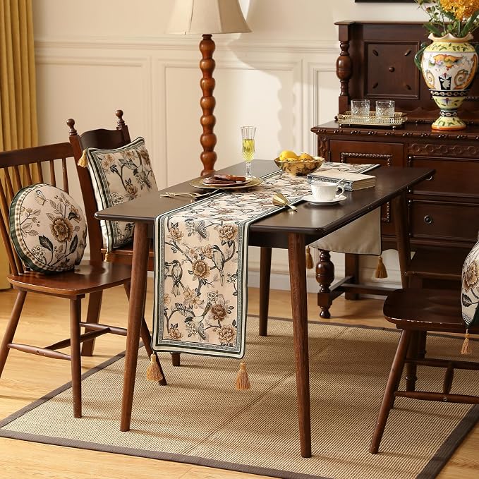 Designer French Linen Table Runner, Floral and Bird Pattern, Dining Table - Image 3