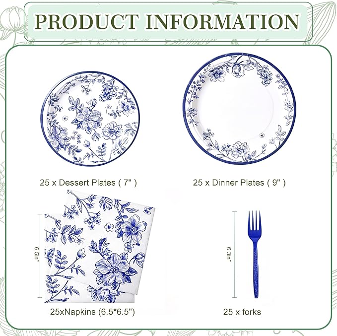 100 Pcs Disposable Blue and White Floral Tableware Set - Image 7