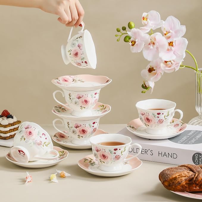 6oz Floral Porcelain Tea Cup & Saucer Set of 6, Party | Rose pattern - Image 6