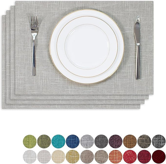 Kevin Textile Faux Linen Heat Resistant Placemats for Dining Table Set of 4, Easy to Clean Anti-Slip Place Mats, 13" x 19", Grey White