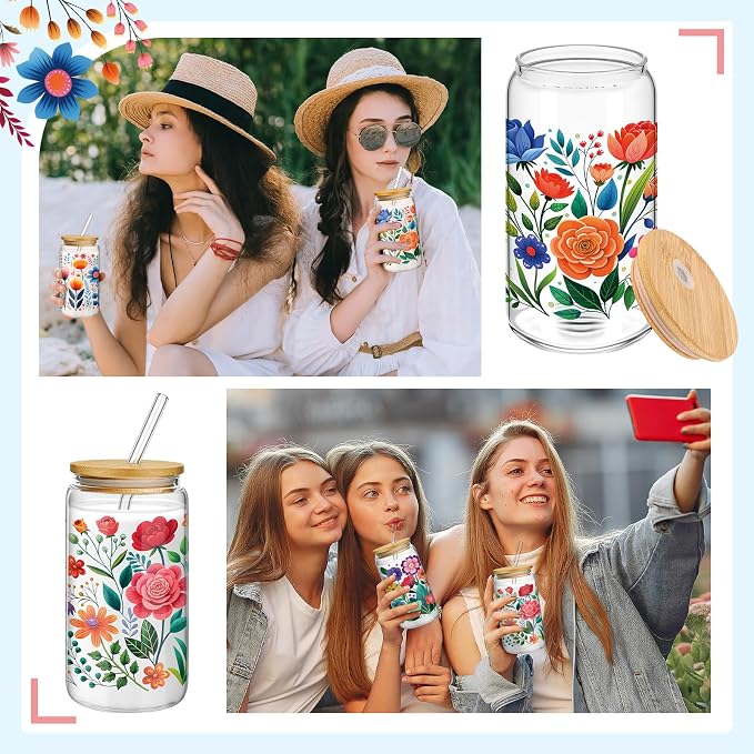 Mumufy 4 Pack Wildflower Glass Cups Gift Aesthetic Cute Glass Cup Tumbler - Image 7