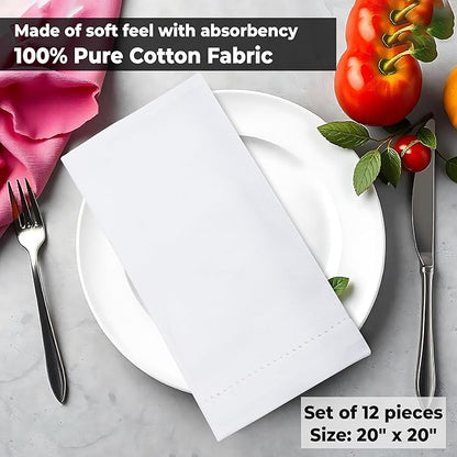 Urban Villa Cloth Napkins White Hemstitch Dinner Napkins Set of 12 (20X20) 100% Cotton Absorbent Washable Durable Reusable Ideal for Hotel Collection Farmhouse Parties Restaurant Lunch Dinner Napkins