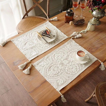 Embroidered Placemats Farmhouse Lace Doily, 8 Tassel Pendants, Layered Accent - Image 3