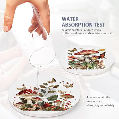 Drink Coasters Set of 6 with Holder, Mushroom Butterfly Absorbent Ceramic Drink Coaster for Tabletop Protection,Suitable for Kinds of Cups,Drinks Coasters for Home Office Decoration(4 Inches)