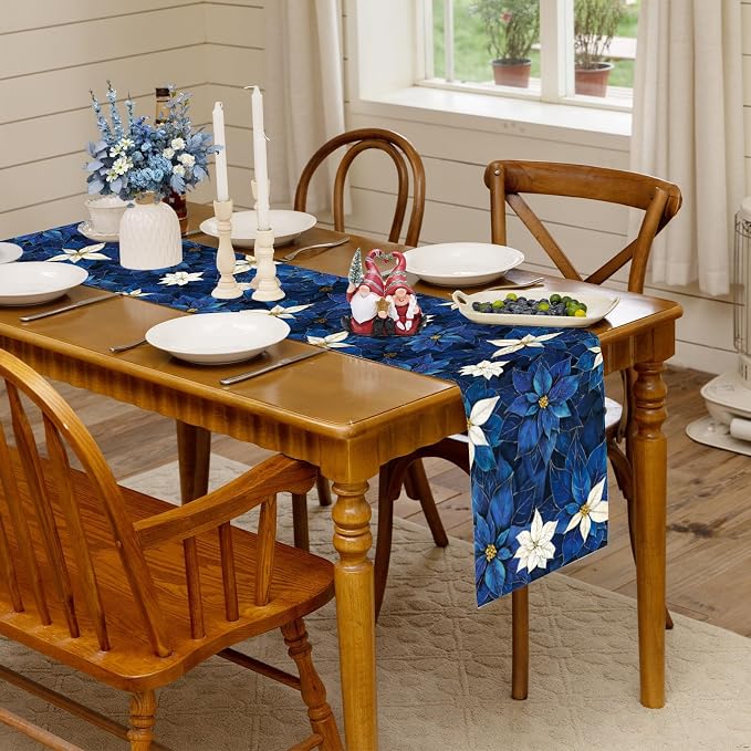 Winter Navy Blue Poinsettia Table Runner Christmas Floral Burlap Table Runners - Image 5