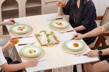 High Bone China Dinnerware Set, 12-Piece Artistic Green Plates and Bowls, Lightweight & Chip Resistant Ceramic Service for 4, Dishwasher Safe Elegant Kitchen Dining