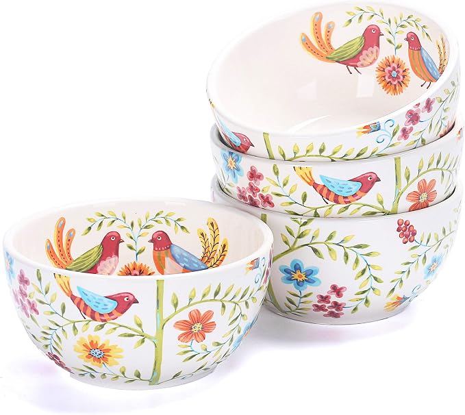 Bico Red Spring Bird Cereal Bowls Set of 4, 26 oz Deep Ceramic Soup Bowls by Bico